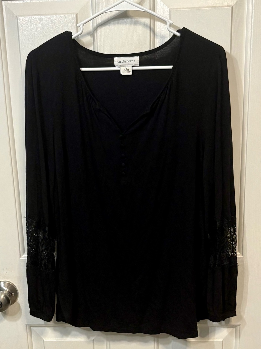 Liz Claiborne Black Long-Sleeve Henley Top with Lace Sleeve Detail